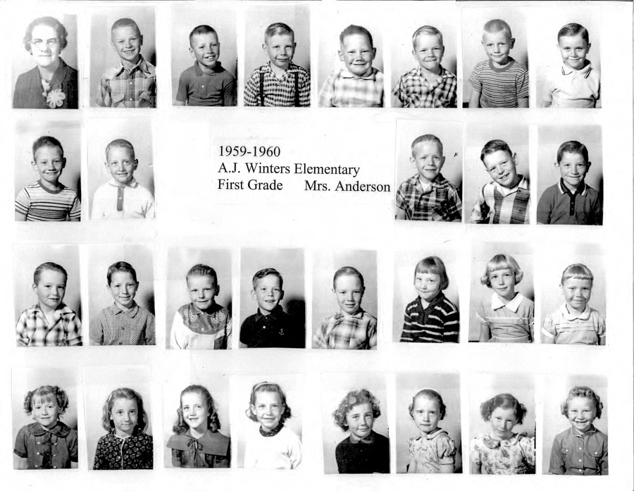 A grid of individual portraits showing children and one adult at the beginning. The children are smiling and wearing different shirts and blouses. In the middle of the grid, there is text that says, "1959-1960, A.J. Winters Elementary, First Grade, Mrs. Anderson."