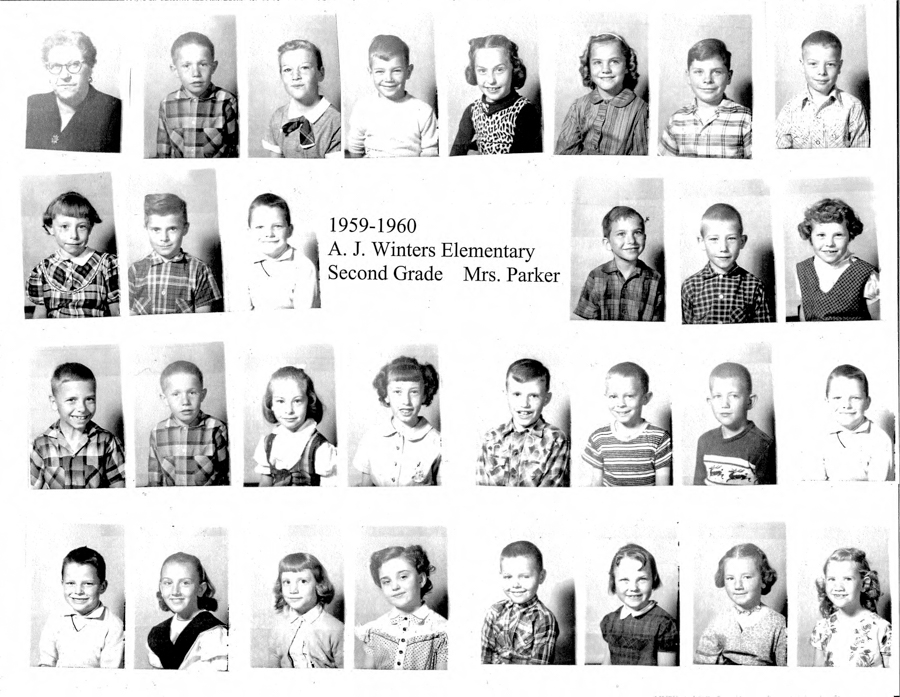Rows of small portrait-style photos of children and one adult. The adult is at the start of the sequence, followed by three rows of children. Each child has a different expression and hairstyle. Text in the middle reads, "1959-1960 A. J. Winters Elementary Second Grade Mrs. Parker."