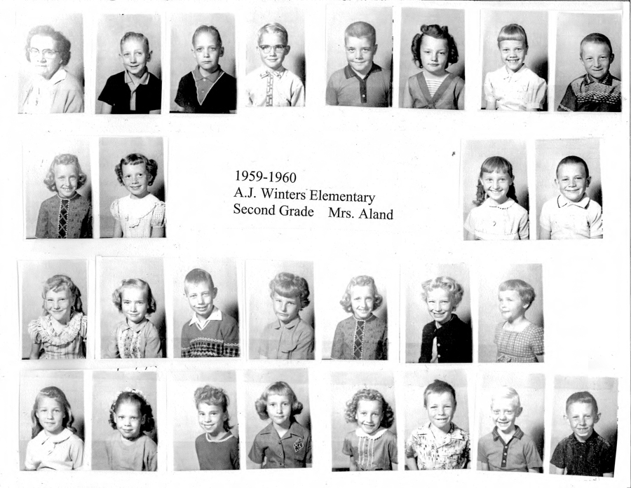 A collage of individual portraits featuring young children and one adult arranged in four rows. In the center, text reads: "1959-1960 A.J. Winters Elementary Second Grade Mrs. Aland." Each student is photographed from the shoulders up, displaying a range of clothing styles typical of the era. All are positioned against a plain background.