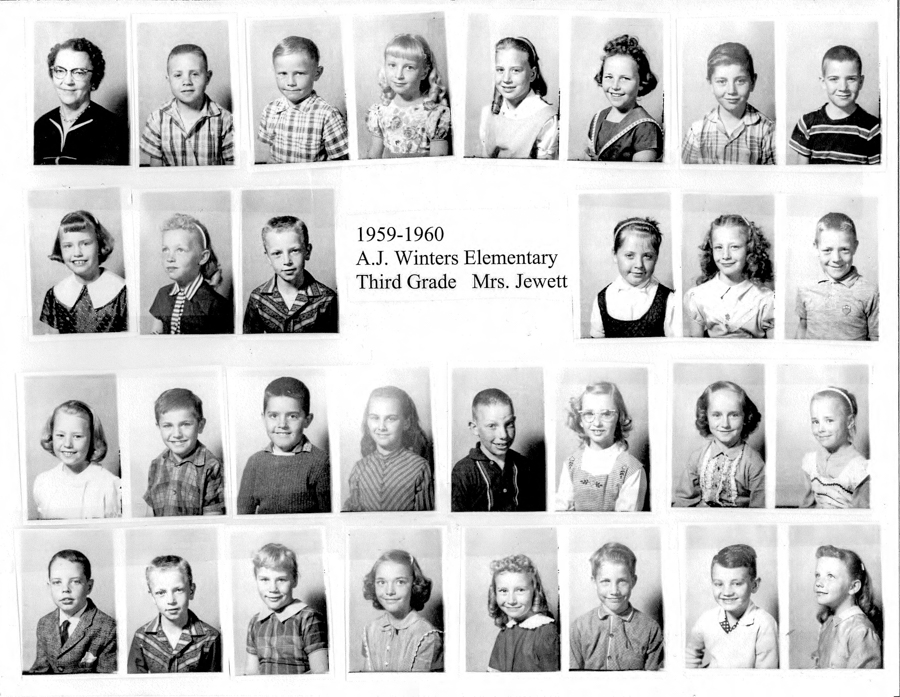 Rows of individual portraits featuring children and a woman. The text reads "1959-1960 A.J. Winters Elementary Third Grade Mrs. Jewett."