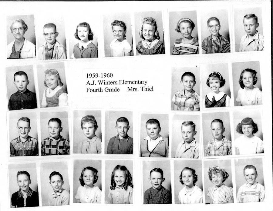 A grid of individual portraits featuring children and one adult. The adult is in the top left corner and appears to be a teacher. Each child is smiling and dressed in typical school attire from the late 1950s to early 1960s. In the center, there is text that reads "1959-1960 A.J. Winters Elementary Fourth Grade Mrs. Thiel."