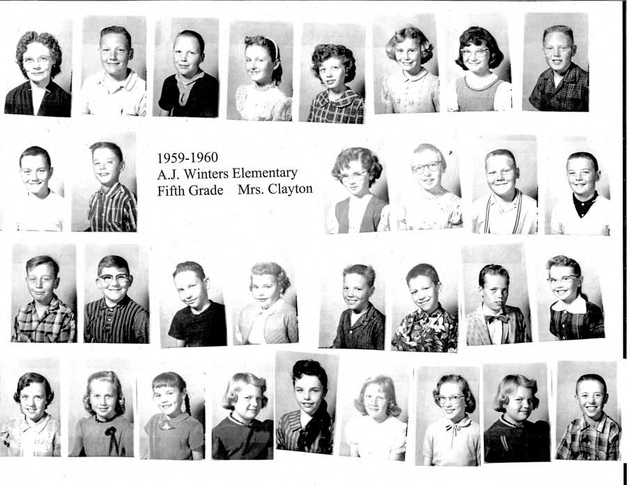 A collection of individual portrait-style images arranged in rows. There are three rows of children, each featuring different boys and girls with various hairstyles and clothing styles typical of the time period. Above the first row is a text that reads: "1959-1960 A.J. Winters Elementary Fifth Grade Mrs. Clayton."