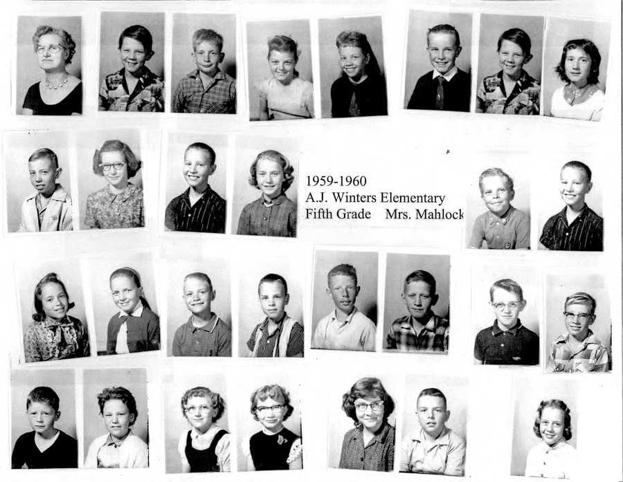 A collection of individual portraits featuring a group of children and an adult, likely a school class. There are five rows of photographs, with each row containing several headshots. The adult appears in the top row. The image includes text: "1959-1960 A.J. Winters Elementary Fifth Grade Mrs. Mahlock."