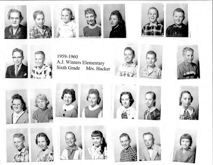 Rows of individual portraits of children and one adult in a grid format. Text in the center reads: "1959-1960 A.J. Winters Elementary Sixth Grade Mrs. Hacker." Various children are shown in different outfits, often with smiles, in portrait-style poses.