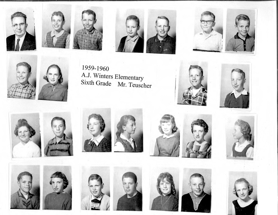 Portraits of a group of children and one adult arranged in rows. The text reads "1959-1960 A.J. Winters Elementary Sixth Grade Mr. Teuscher." Each image features a single individual, mostly wearing collared shirts and sweaters, facing forward.