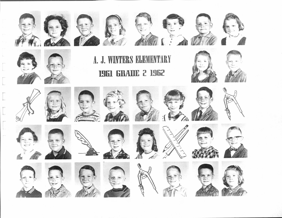A series of small portraits depicting children arranged in rows, each child looking directly ahead. The text "A. J. Winters Elementary 1961 Grade 2 1962" is prominently displayed. Interspersed among the portraits are illustrations of a scroll, quill and ink, a ruler, compass, and pencil. The children appear in various poses, with different hairstyles and clothing styles.