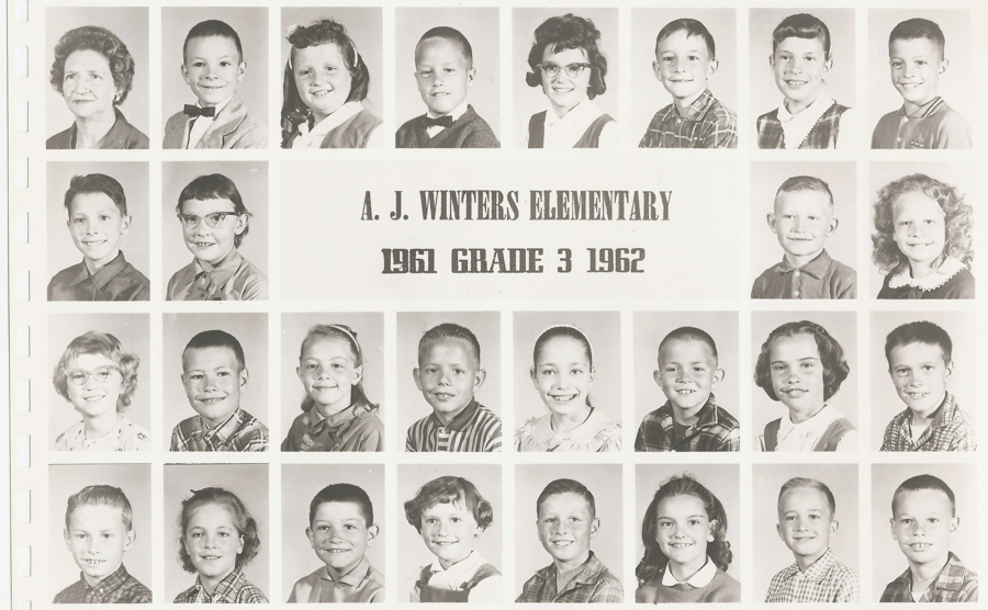 A series of individual portraits are arranged in rows, featuring children and one adult. Text in the center reads "A. J. Winters Elementary" "1961 Grade 3 1962." The images show smiling boys and girls, with various hairstyles and clothing typical of the early 1960s.