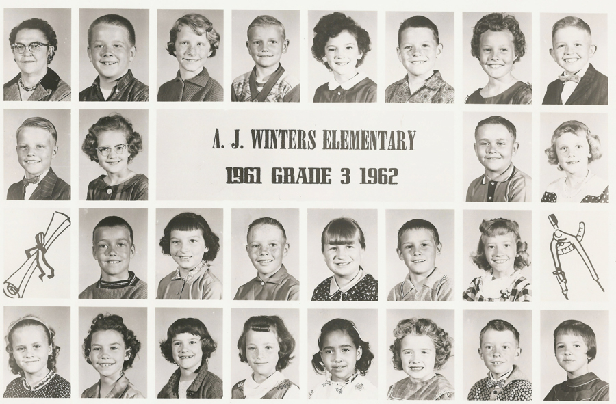 A grid of twenty-five individual portraits of children and one adult. In the center, there is text: "A. J. Winters Elementary 1961 Grade 3 1962." The surrounding images are arranged in rows. On the left, there is an illustration of a rolled-up diploma, and on the right, an illustration of a drawing compass.