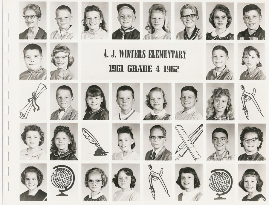 A collage featuring individual portraits of schoolchildren and a teacher in a grid pattern. In the center, the text reads "A. J. Winters Elementary 1961 Grade 4 1962." The portraits show young boys and girls, each captured from the shoulders up, while some spaces in the grid display drawings of a diploma, quill with ink, compass, ruler, and globe.