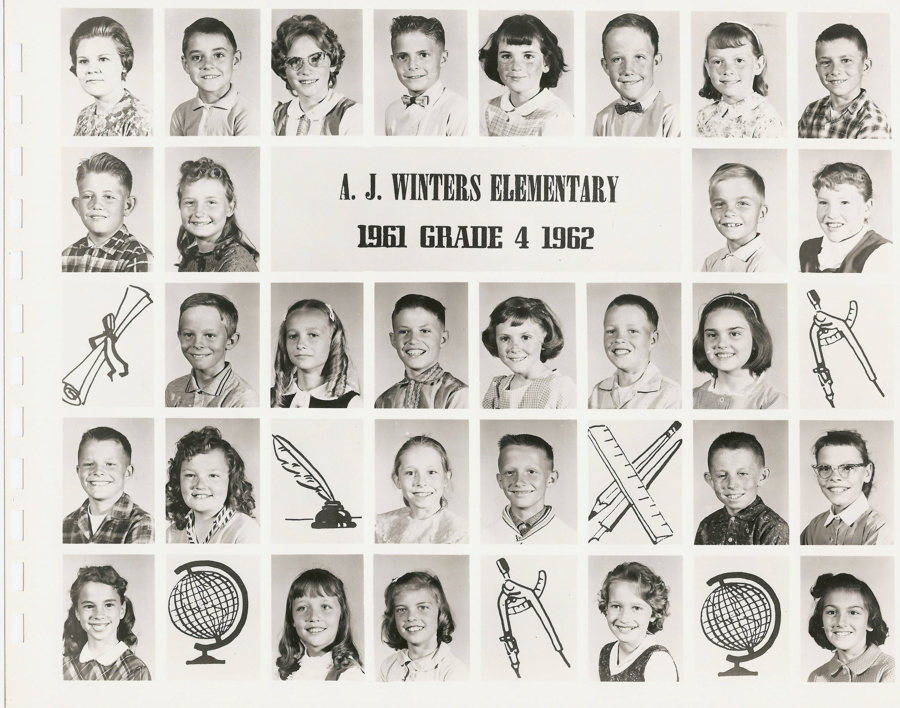 A grid of individual portraits of children arranged in rows. Each child is looking directly at the viewer. In the center, the text reads "A. J. Winters Elementary 1961 Grade 4 1962." There are illustrations of a diploma, pen with ink pot, compass, protractor, rulers, and a globe interspersed among the portraits.