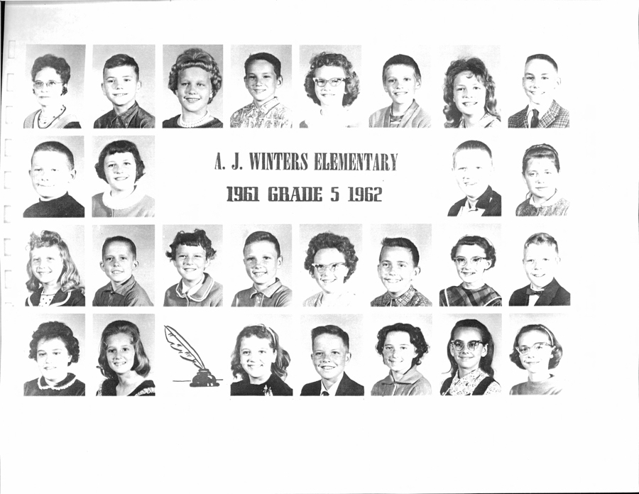 A grid of student portraits arranged in four rows with a central text that reads "A. J. Winters Elementary 1961 Grade 5 1962." There is an illustration of a quill and inkwell below the central text. The students are children, each with various hairstyles and clothing.