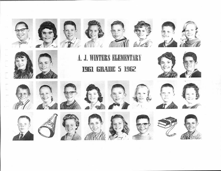 A collage of individual portraits arranged in four rows. The portraits feature young children and a few adults, presumably teachers. In the center, the text reads "A. J. Winters Elementary, 1961 Grade 5, 1962." At the bottom, there are images of a megaphone and a stack of books with a pencil.