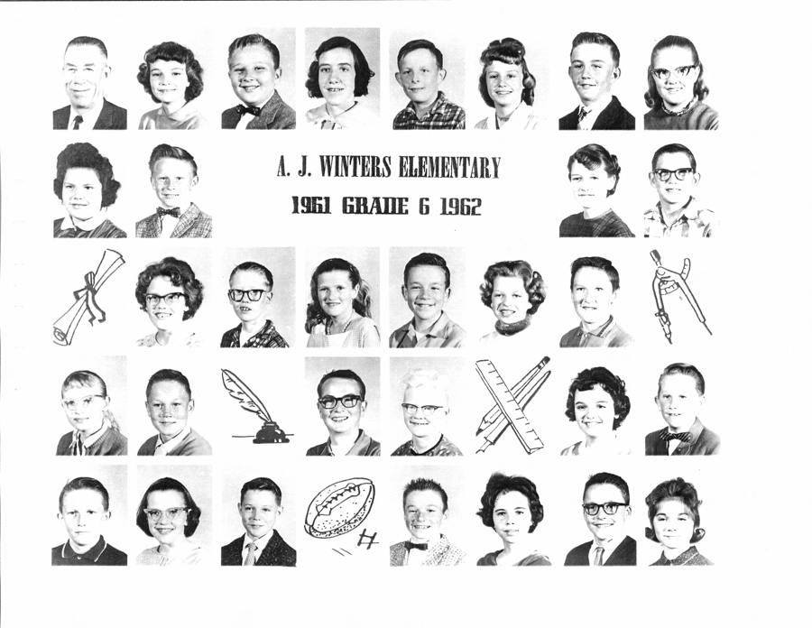 A group of thirty portrait images arranged in rows, featuring individuals of various ages, primarily children. Above the images, the text reads "A. J. Winters Elementary, 1961 Grade 6 1962." The arrangement is in a grid pattern, with drawings of a diploma, a quill and ink, drafting tools, pencils, and a football interspersed among the portraits.