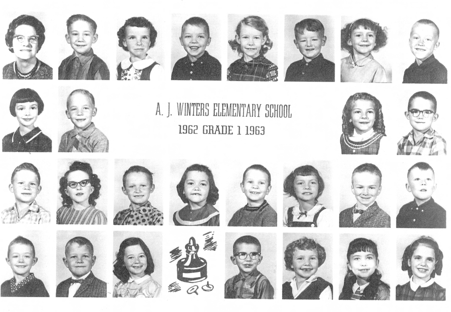 A grid of individual portraits showing children and a teacher. Text reads "A. J. Winters Elementary School 1962 Grade 1 1963." At the bottom center, there is a drawing of an inkwell and quill pen.