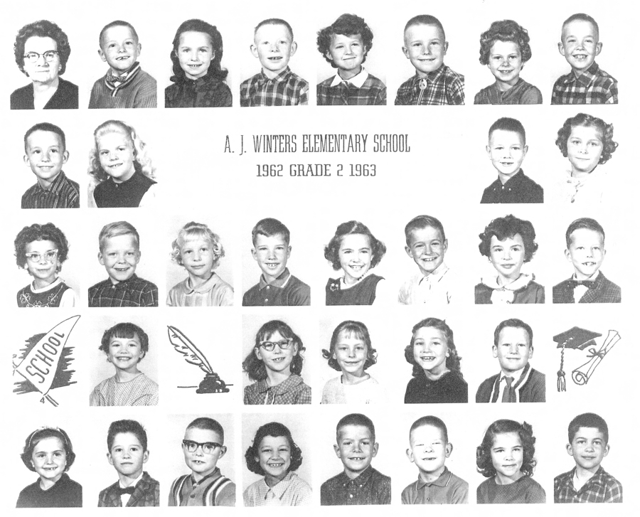 Several rows of individual portraits featuring children and one adult, presumably a teacher, smiling at the camera. The text in the center reads "A. J. Winters Elementary School 1962 Grade 2 1963." Decorative illustrations of a school bus, a feather with an inkwell, and a graduation cap with a diploma are also visible.