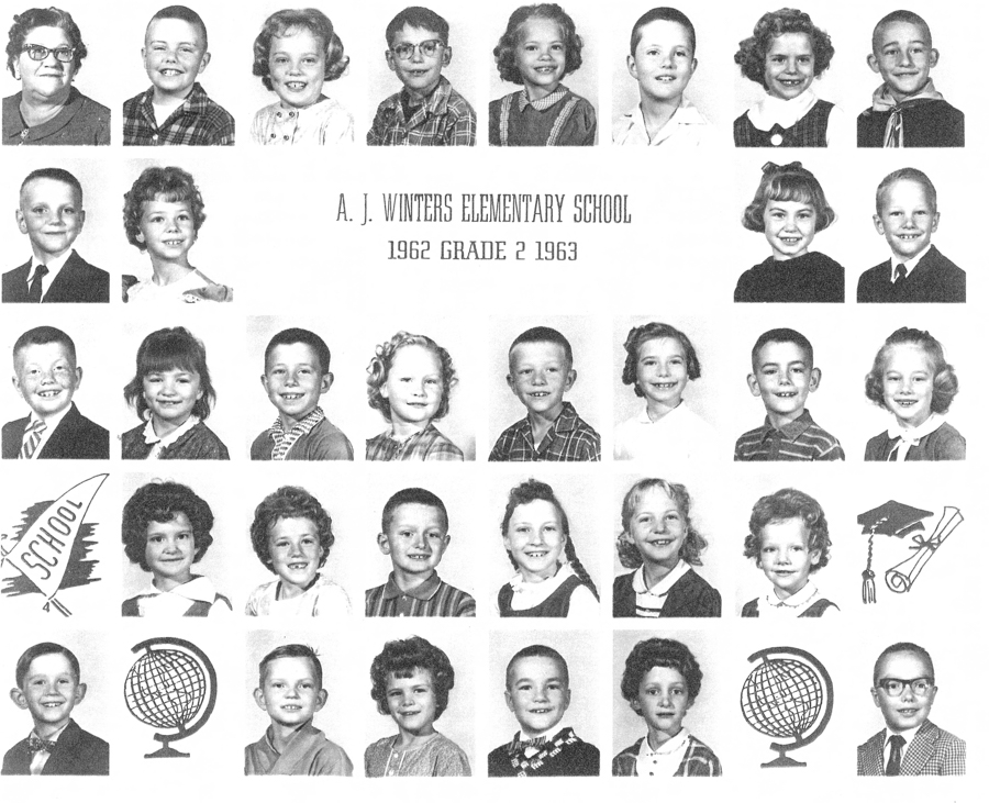Thirty young children and one adult are arranged in five rows, each person shown from the shoulders up. The children are wearing a variety of outfits, including dresses, shirts, and sweaters. The adult is on the far left of the top row. In the center of the image, there is text that reads: "A. J. Winters Elementary School 1962 Grade 2 1963." Illustrations of a school pennant, a globe, and a graduation cap with a diploma are interspersed among the photos.
