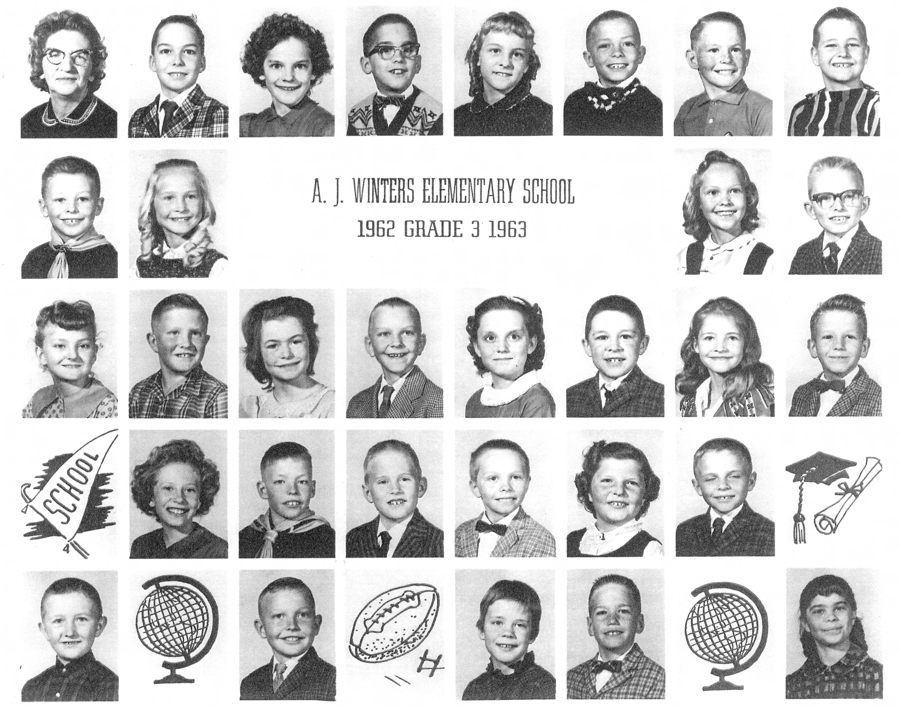 Rows of individual portraits showing children and a woman, each facing forward. In the center, text reads "A. J. Winters Elementary School 1962 Grade 3 1963." Various small illustrations, such as a school pennant, a globe, and a graduation cap with a diploma, are interspersed among some portraits.