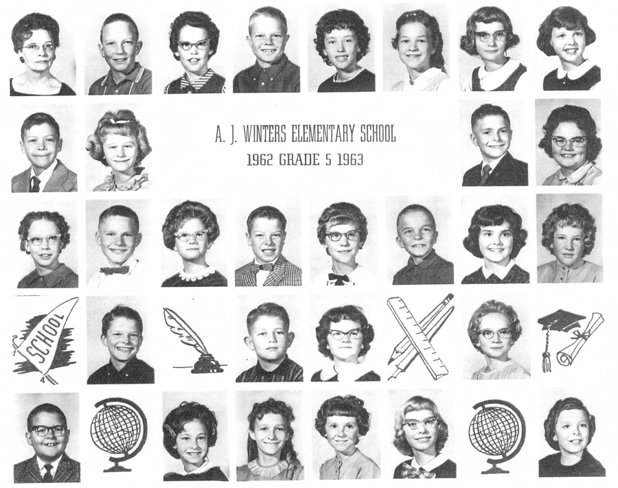 A grid of individual portraits featuring young students and one adult. In the center, text reads "A. J. Winters Elementary School" followed by "1962 Grade 5 1963." Decorative images of school-related items such as a school pennant, quill and ink, ruler and pencils, and a globe are interspersed with the portraits.