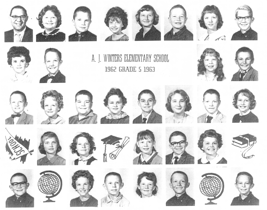 A group of children are arranged in rows, each shown from the shoulders up. In the top row, seven children and an adult are wearing various clothing styles. In the second row, seven children are dressed formally. The third row includes seven children alongside illustrations of a school pennant and a graduation cap with a diploma. The bottom row features six children and illustrations of a globe. The text in the center reads: "A. J. Winters Elementary School 1962 Grade 5 1963."