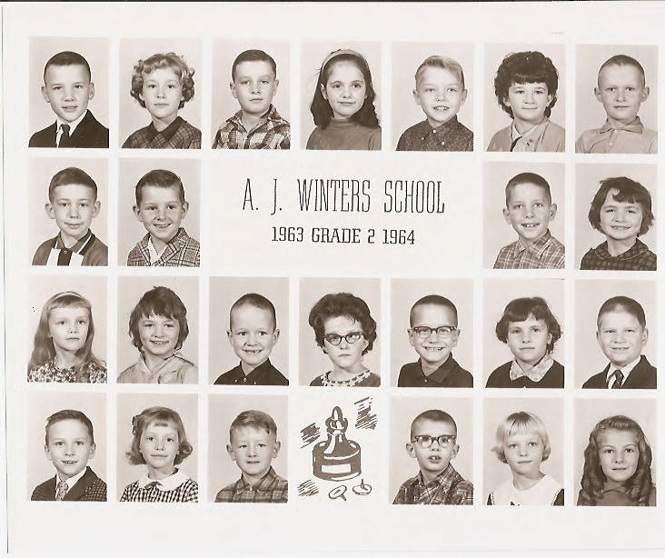 A grid of school portraits featuring 24 children. At the center is the text "A. J. Winters School, 1963 Grade 2 1964." Each child is shown from the shoulders up, with a variety of expressions and hairstyles. At the bottom, there is an illustration of a student ringing a bell.