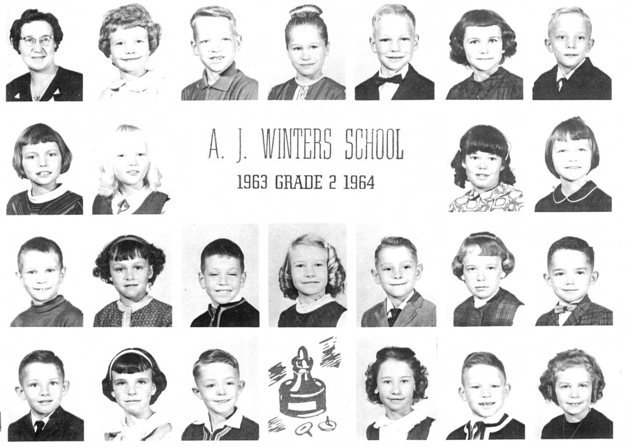 A grid of individual portraits featuring children and one adult, likely a teacher, in formal attire. The central text reads "A. J. Winters School 1963 Grade 2 1964," surrounded by images of young students. At the bottom center, there is a drawing of a bell and a pair of glasses.