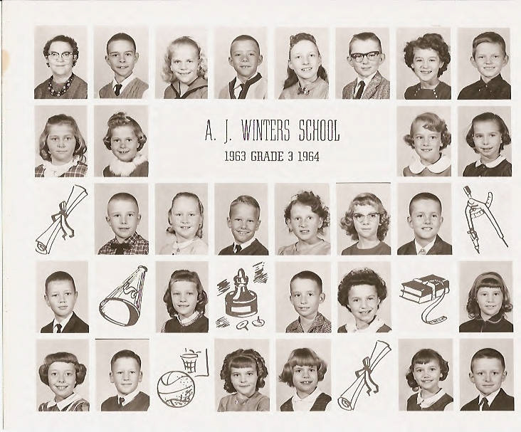 A grid of individual portraits features children and one adult, likely from a school setting. At the center, text reads "A. J. Winters School 1963 Grade 3 1964." The portrait grid is interspersed with illustrations of a diploma, megaphone, chess piece, books, compass, and various school-themed items.