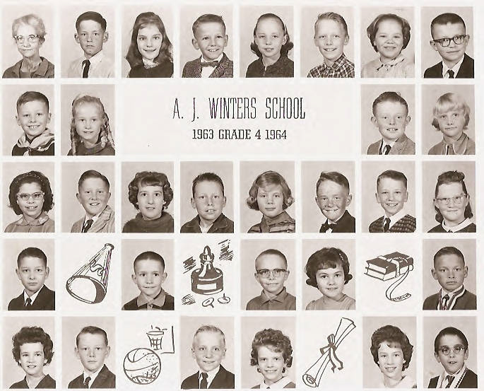 Grid of individual portraits of young children, arranged in five rows. Each row contains ten images. The third row includes the text: "A. J. Winters School, 1963 Grade 4 1964." The bottom row also has illustrations of a megaphone, a trophy, a stack of books, a basketball with a basket, and a rolled-up diploma.
