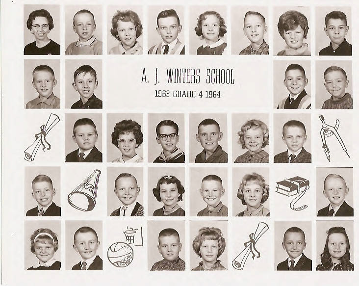 A group of children and one adult are arranged in rows, each facing forward. At the center, text reads "A. J. Winters School 1963 Grade 4 1964." Various illustrations of a diploma, megaphone, compass, books, an apple, basketball, and school building are interspersed among the portraits.