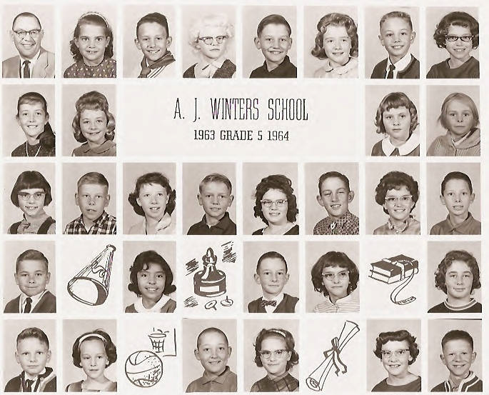 A group of children are arranged in a grid format with individual portraits. In the center is the text "A. J. Winters School 1963 Grade 5 1964." Below the portraits, there are simple drawings of a megaphone, a basketball, a chess piece, books with an apple, and a rolled diploma with a ribbon.