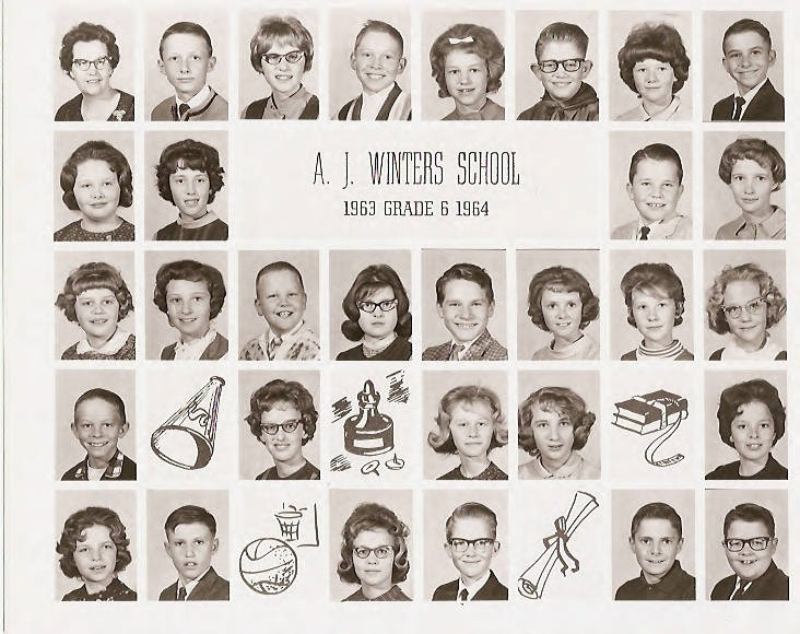 A grid of school portraits of children in various areas surrounding the text "A. J. Winters School 1963 Grade 6 1964." The portraits are arranged in rows, showing boys and girls with a variety of hairstyles and clothing. Below and among the portraits are simple drawings of a megaphone, books, musical notes, an easel, a diploma, and a basketball.