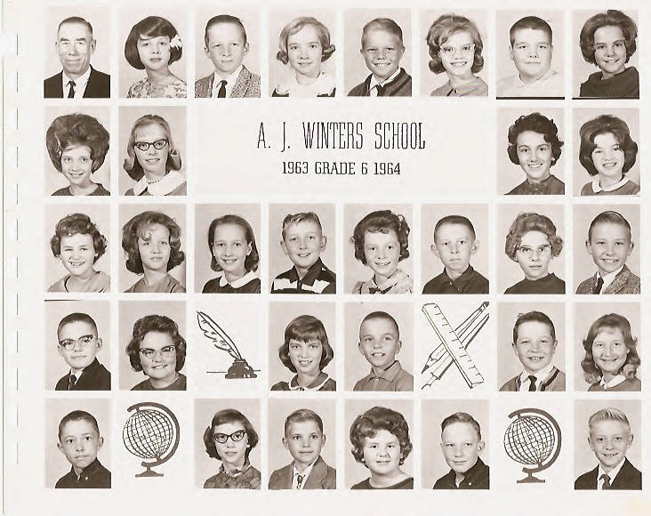 A grid of school portraits showing individual faces, with a header in the center reading "A. J. WINTERS SCHOOL 1963 GRADE 6 1964." Below some portraits are illustrations of a quill, a globe, and a set of rulers.