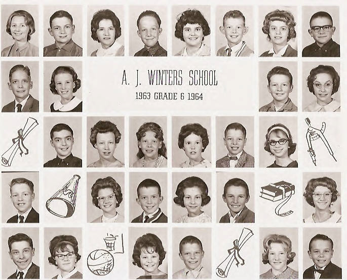 A grid of individual portraits showing students and a teacher arranged in rows. In the center, text reads "A. J. Winters School 1963 Grade 6 1964." Various school-related illustrations such as a diploma, megaphone, basketball, books, and a protractor are scattered among the portraits.