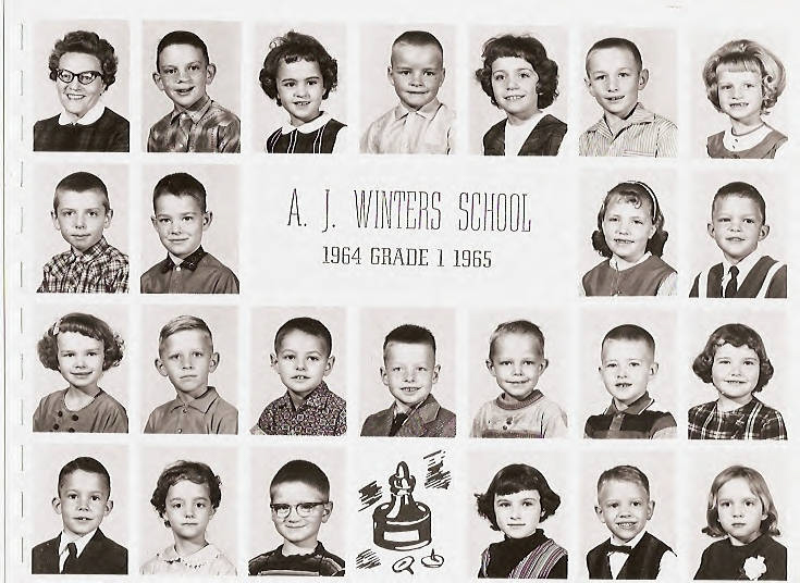 A grid of 24 individual portraits of young children arranged in four rows. Above the third row is the text "A. J. Winters School 1964 Grade 1 1965." Below this text are another set of children's portraits. At the bottom in the middle, there is an illustration of a school bell with decorative elements around it. The children are wearing a variety of clothing styles typical of the period.