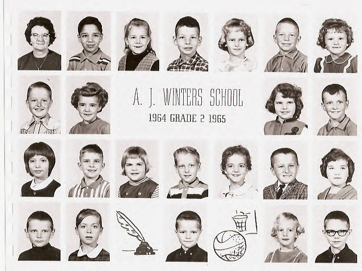 A series of portraits arranged in a grid, featuring one adult and several children. The adult appears to be a teacher or school staff. The children have a variety of hairstyles and expressions. Text in the center reads "A. J. Winters School 1964 Grade 2 1965." Below the portraits, there are illustrations of a quill, ink pot, and sports equipment including a basketball and hoop.