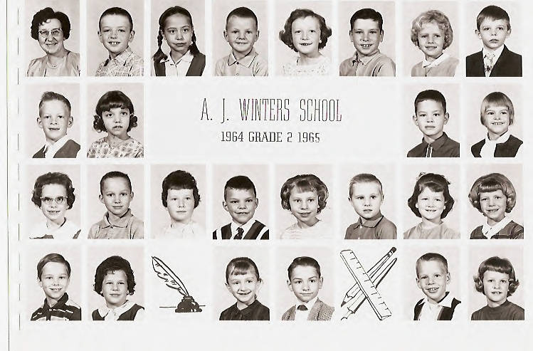 A collection of individual portrait images depicting children and one adult arranged in rows. The text reads "A. J. Winters School 1964 Grade 2 1965" at the center. There are two small illustrations beneath the portraits: one of a quill with an ink bottle and the other of a ruler and pencil crossed.