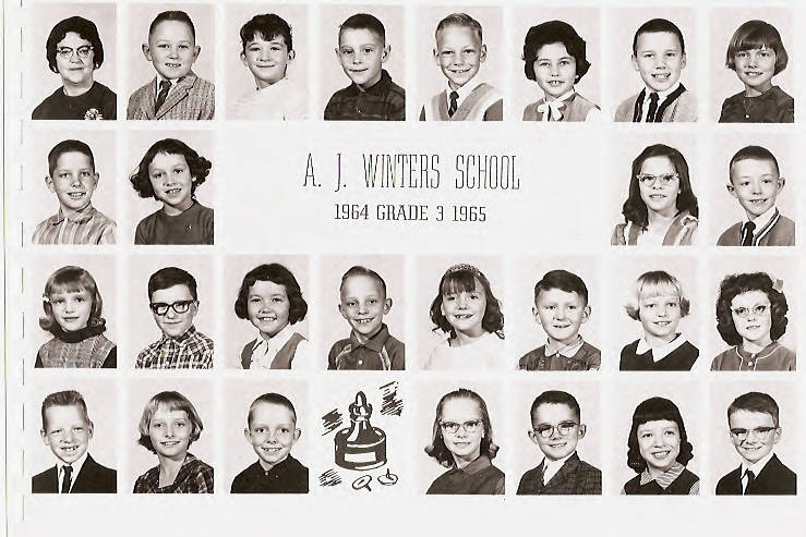 A grid of individual portraits of young children and one adult, likely a teacher, in formal attire. They are arranged in four rows. In the center of the image, there is text reading "A. J. WINTERS SCHOOL 1964 GRADE 3 1965." Below this text is an illustration of an inkwell and quill.