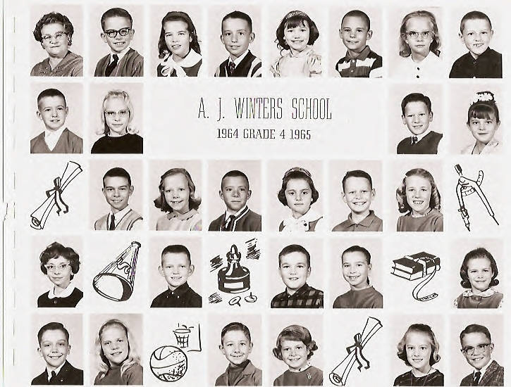 Portrait-style photographs of school children arranged in rows. In the center, the text reads: "A.J. Winters School, 1964 Grade 4 1965." Surrounding the images are illustrations of a telescope, book, map, megaphone, basketball, baseball, school bell, and scrolls.