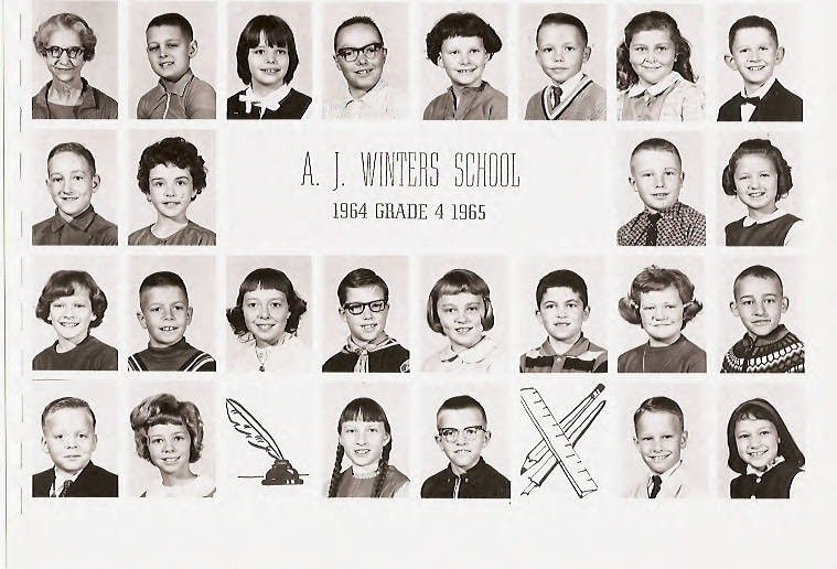 A group of individual portraits arranged in five rows. Most are of children with various hairstyles, wearing different outfits typical of the mid-1960s, such as sweaters, dresses, and collared shirts. To the left of the fourth row is a woman, possibly the teacher. The text in the center reads "A. J. Winters School" along with "1964 Grade 4 1965." In the bottom row, there are illustrations of a quill, an ink bottle, rulers, and a pencil between some of the portraits.