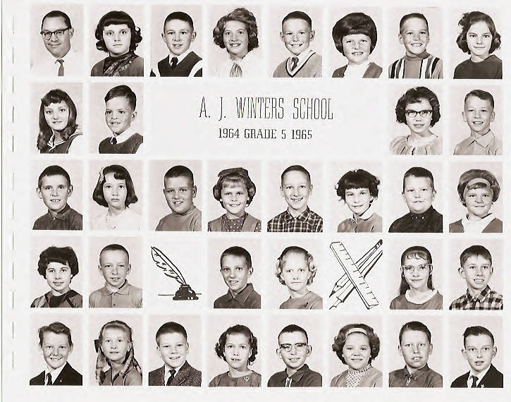 A collage of individual portraits featuring children and one adult, arranged in rows. In the center, text reads "A. J. WINTERS SCHOOL, 1964 GRADE 5 1965." Below the text are illustrations of a quill pen and inkwell, and a pair of crossed pencils. The children are smiling and dressed in various outfits typical of the 1960s.