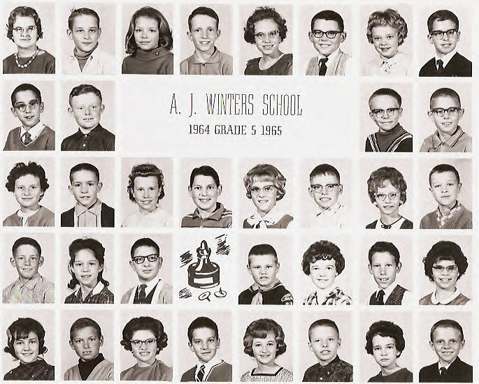 Rows of individual portraits featuring students, each within a rectangular frame. In the center, a block of text reads "A. J. Winters School 1964 Grade 5 1965." One frame in the middle row includes a hand-drawn face and doodle instead of a photograph.
