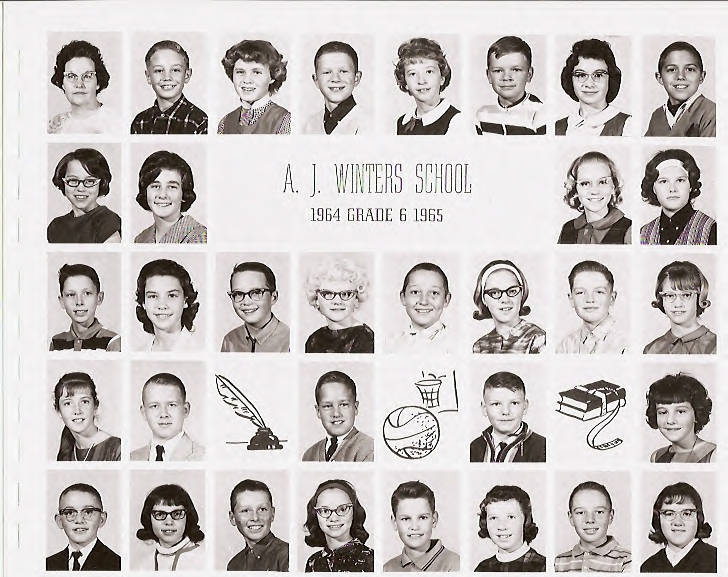 A grid of school portrait headshots featuring young students, both boys and girls, each wearing various styles of shirts and glasses. In the center, the text reads: "A. J. Winters School, 1964 Grade 6 1965." At the bottom, there are small illustrations of a quill and inkwell, a basketball, a music note, and a stack of books.