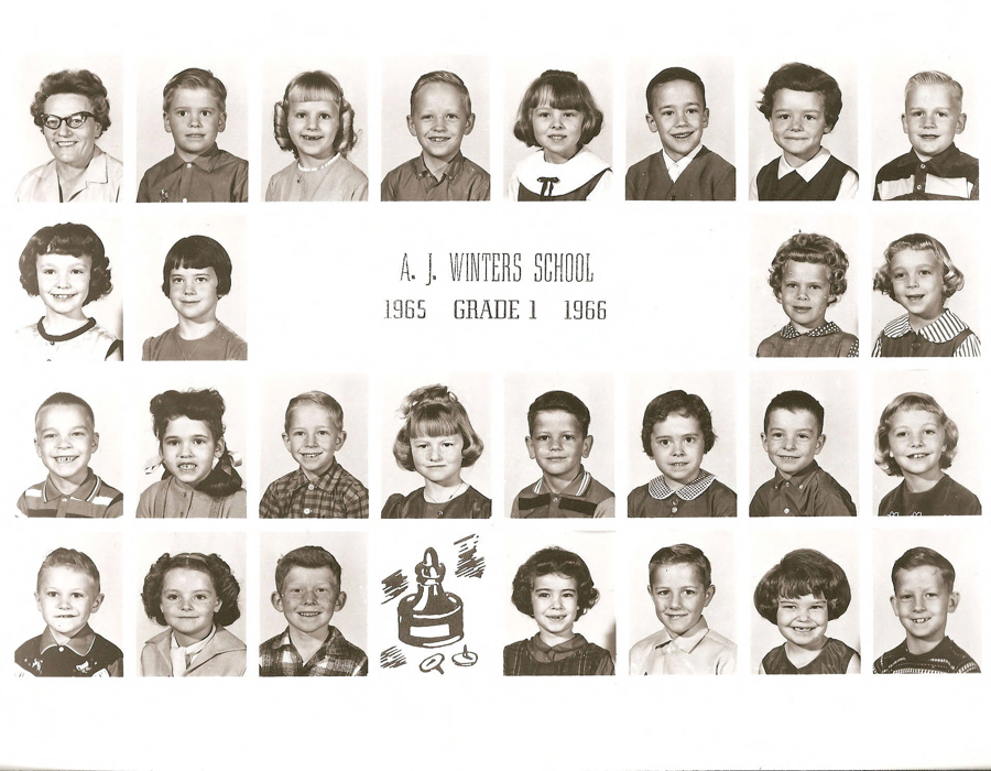 A compilation of headshots arranged in four rows, showing one adult and multiple children. The adult is a woman with glasses. The children are young and dressed in various clothing styles typical for school pictures. In the center is text reading "A. J. Winters School 1965 Grade 1 1966." Beneath the text is a graphic of an inkwell and pen.