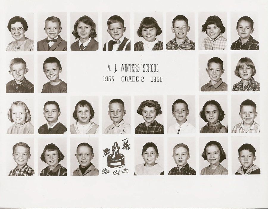 A group of children and one adult, arranged in five rows, each featuring individual headshots. The adult is positioned at the beginning of the first row and wearing glasses and a necklace. The children are wearing various outfits, including bow ties, collars, and patterns. Text in the middle reads "A. J. Winters' School 1965 Grade 2 1966." An illustration of a school bell and books is visible at the bottom center.