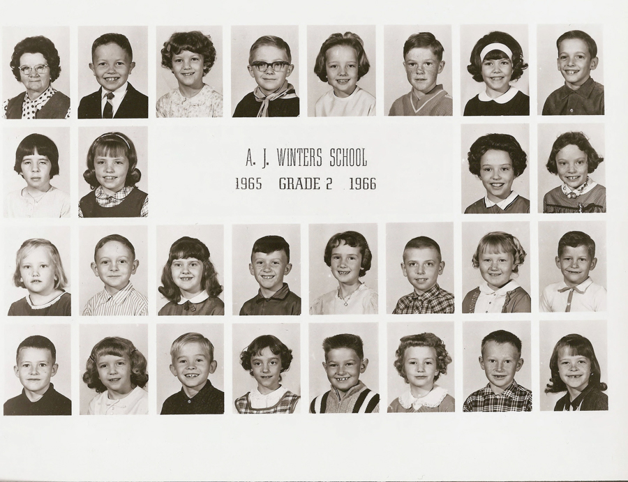 Rows of individual portraits show children and a woman. The middle row includes the text "A. J. Winters School 1965 Grade 2 1966." Each portrait features a child in a variety of outfits, with the woman wearing glasses and a patterned dress. The overall layout is neat and uniform.