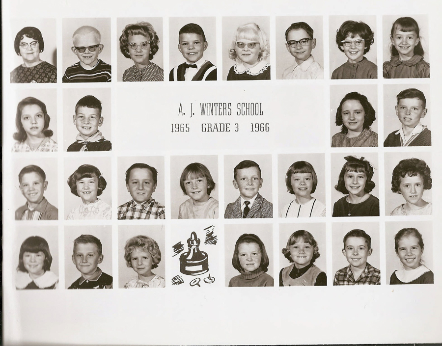 A collection of individual portraits of young children arranged in rows. Each child is shown from the shoulders up. In the center are the words "A. J. Winters School 1965 Grade 3 1966." Below the portraits, there is a sketch of an inkwell and quill.