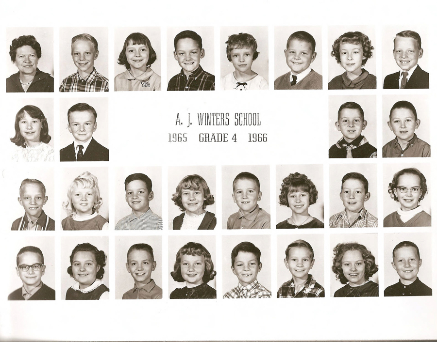 A collection of individual portraits arranged in four rows. The images show children and one adult, all facing forward with various expressions. The text in the center reads "A. J. Winters School 1965 Grade 4 1966."