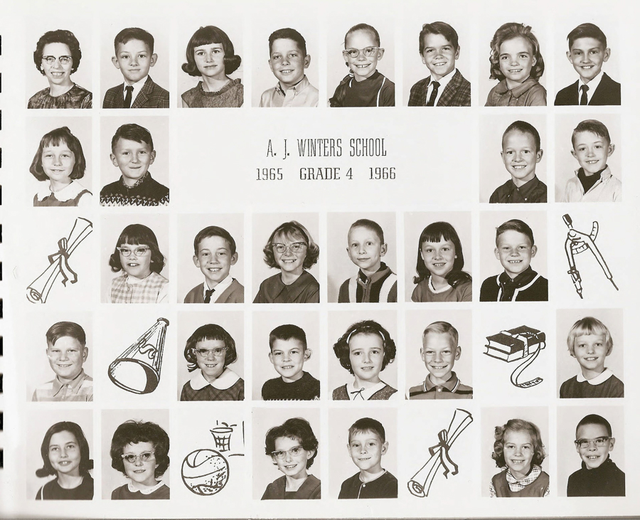 A grid of individual portraits showing a group of children and one adult. In the center, text reads "A. J. Winters School 1965 Grade 4 1966." Among the portraits, some squares feature illustrations: a rolled diploma, a megaphone, drafting compass, a stack of books, and a basketball with a net.