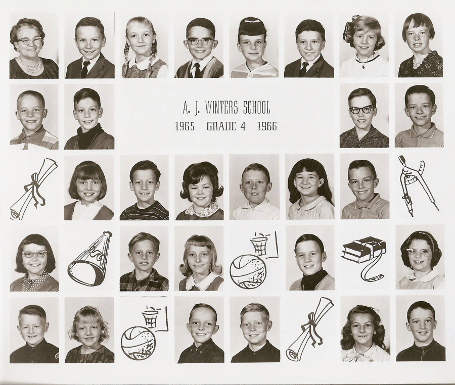 A group of portraits showing students and a teacher arranged in rows. In the center, the text reads "A. J. Winters School 1965 Grade 4 1966." The images are interspersed with drawings of school-related items like a diploma, megaphone, compass, and books.