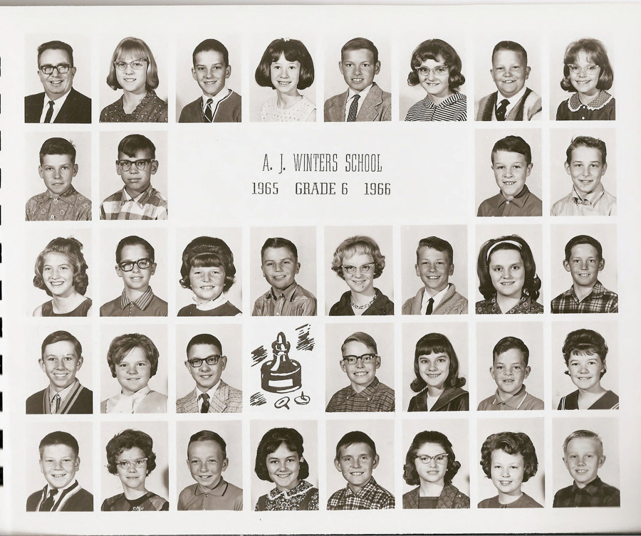 A grid of individual portraits featuring a teacher and students, arranged in five rows. Above the central row is the text "A. J. Winters School 1965 Grade 6 1966." There is an illustration of a small statue and rings visible among the images. The individuals have varying hairstyles and clothing typical of the mid-1960s.
