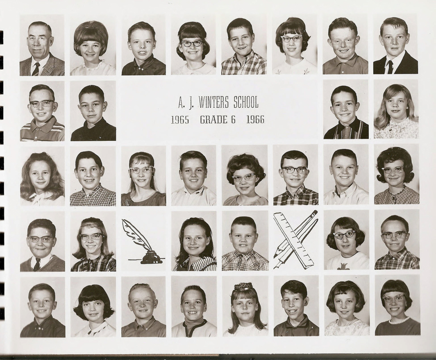 A grid of small individual portraits, mostly of children, arranged in rows. In the middle, there is text that reads "A. J. Winters School, 1965 Grade 6 1966." Below the text are illustrations of a quill and ink bottle, and a pair of rulers.